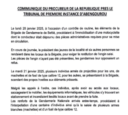 COMMUNIQUÉ DU PROCUREUR DE LA REPUBLIQUE PRÈS LE TRIBUNAL DE PREMIÈRE INSTANCE D’ABENGOUROU