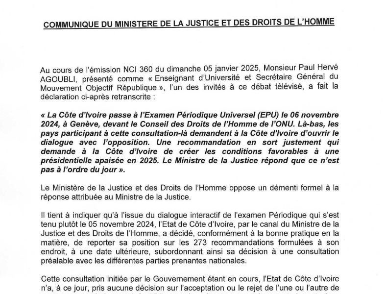 COMMUNIQUÉ DU MINISTÈRE DE LA JUSTICE ET DES DROITS DE L’HOMME