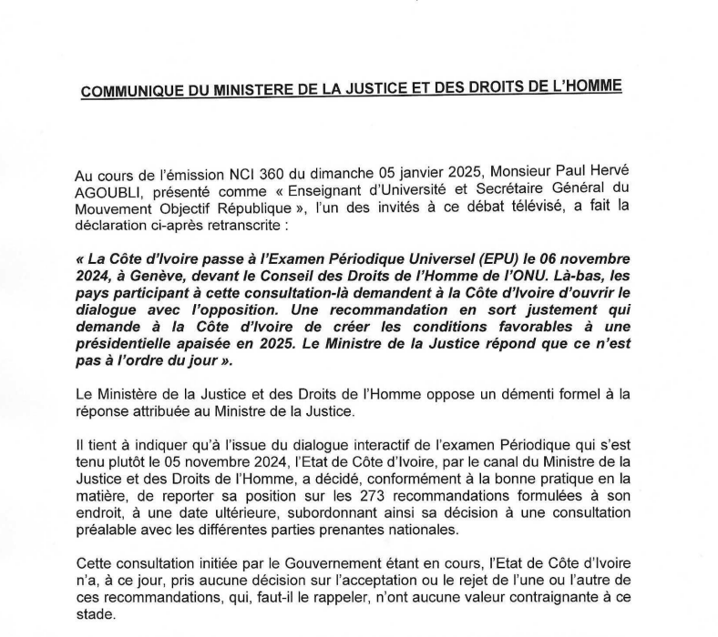 COMMUNIQUÉ DU MINISTÈRE DE LA JUSTICE ET DES DROITS DE L’HOMME